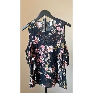 HM Women Black Floral Cold Shoulder Ruffle Sleeve Blouse Size 14